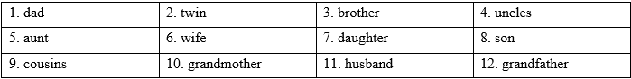 Vocabulary: Family - Starter unit - SBT Tiếng Anh 7 Friends Plus 1 2